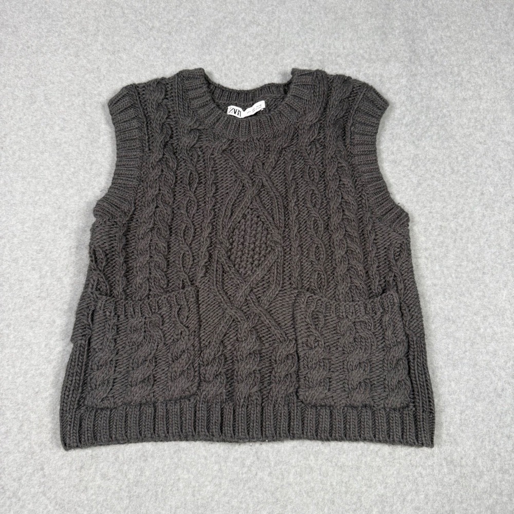 Zara Womens Dark Academia Grey Cable Knit Sweater Vest Preppy Grunge Large